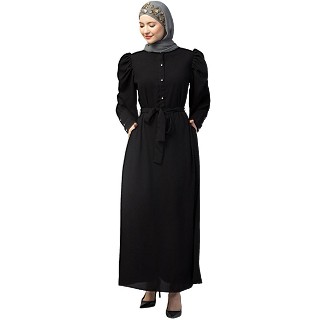 Gathered puffed sleeves abaya with long cuff - Black
